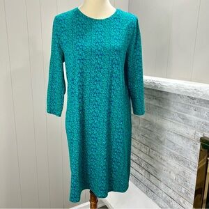 Boden Navy Blue Green Floral Print Cotton Casual Crewneck Shift Dress 12